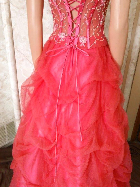 coral prom dress with pickup skirt