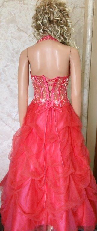 coral see through corset prom gown