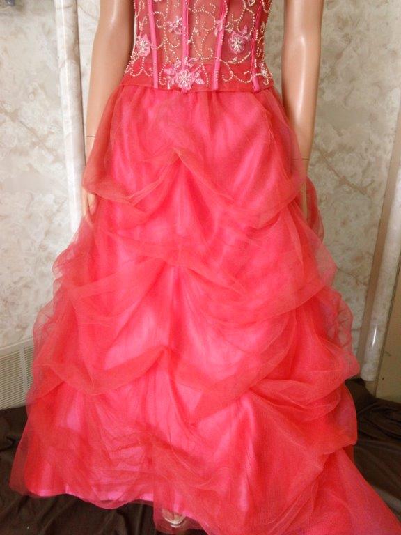 coral see through bodice prom dress