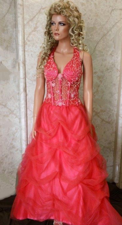 Coral prom wedding dress with see thru bodice