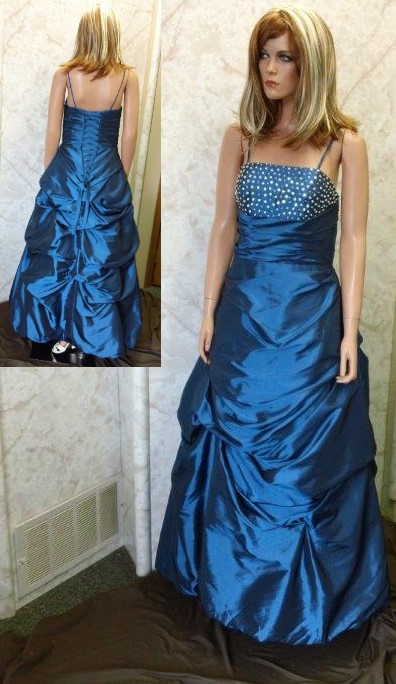 Ocean blue taffeta with silver beading prom dress
