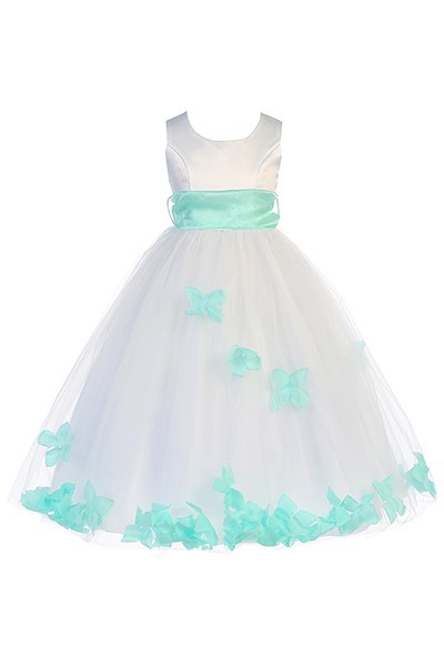 white and mint petal flower girl dresses