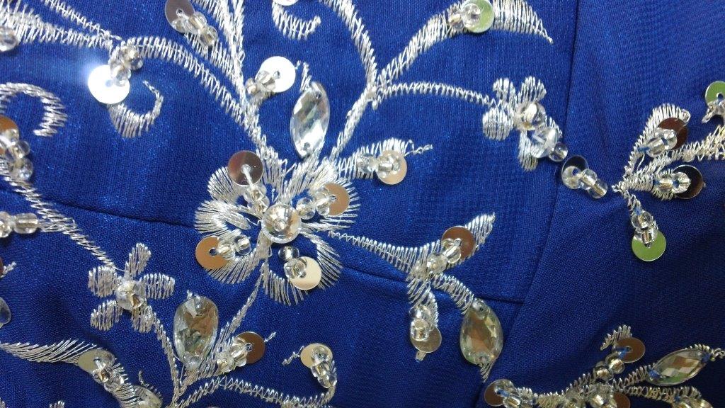 royal blue dress with silver beading and embroidery