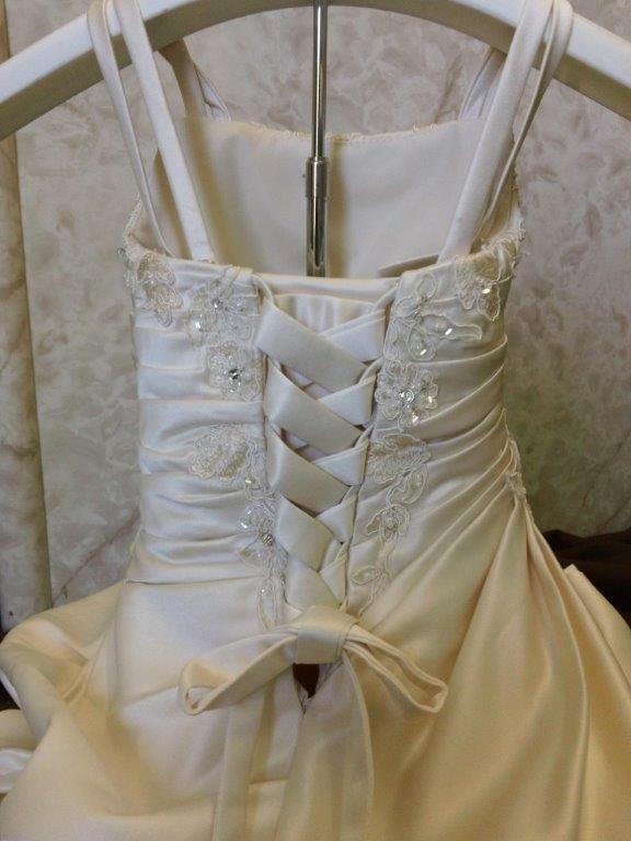 applique infant wedding gown with corset lace up back
