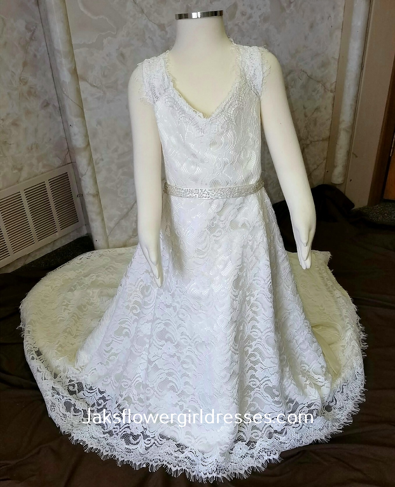 lace flower girls dress with beaded sash