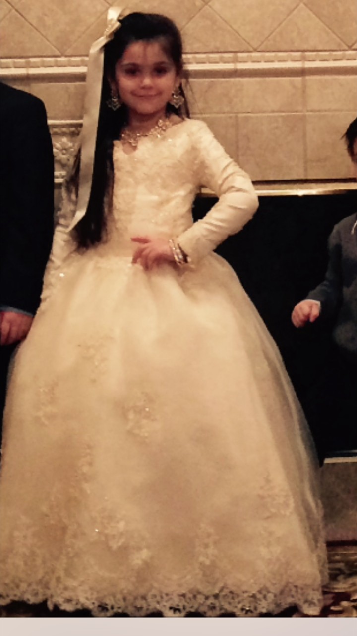 Long sleeve flower girl dress with scalloped lace 