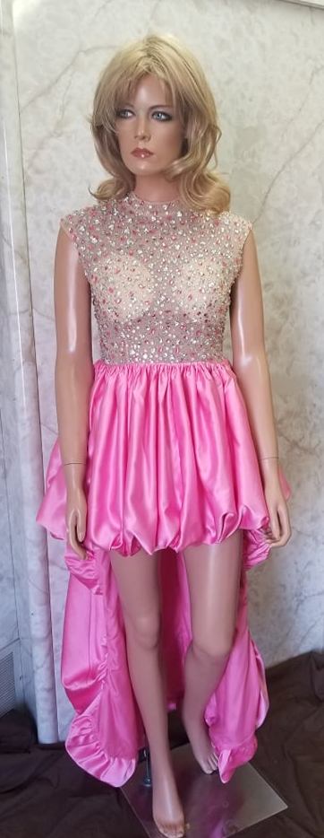 pink high low sheer top pageant dress