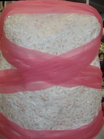 Pink wrapped white prom dress 