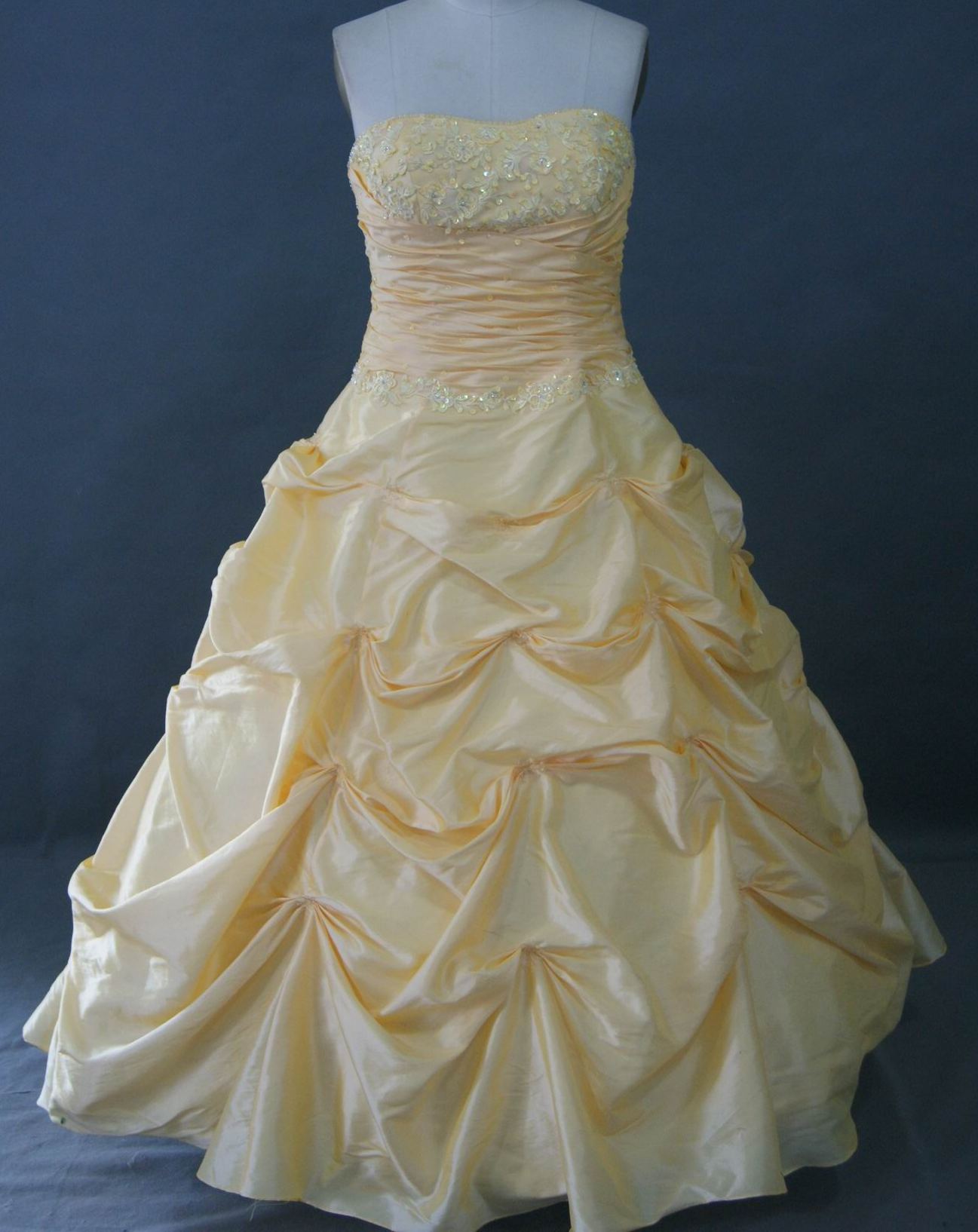 yellow strapless pickup skirt prom dress