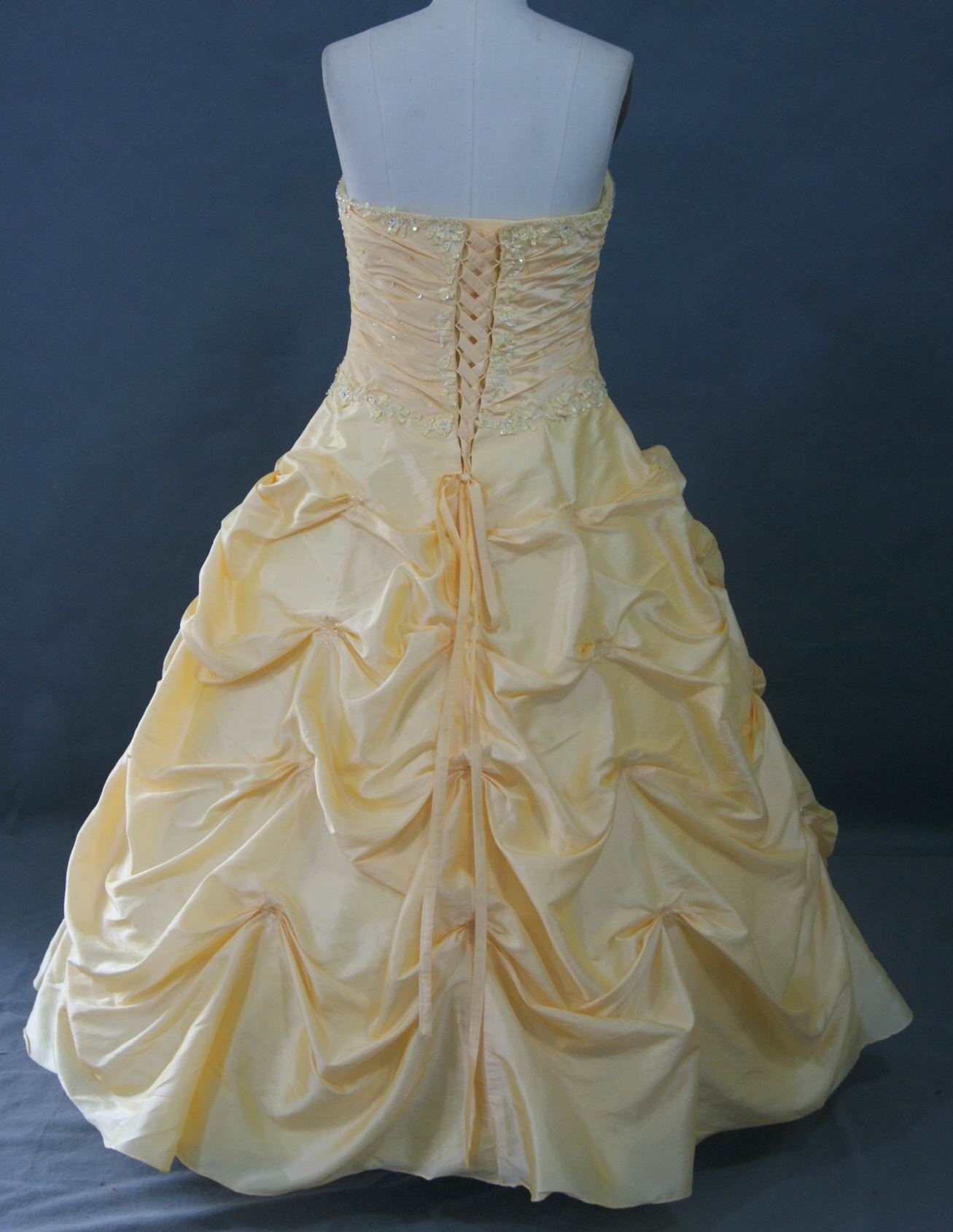 yellow strapless pickup skirt prom dress