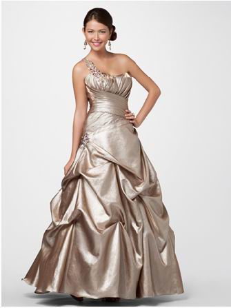 shiny gold taffeta one shoulder strap prom dress
