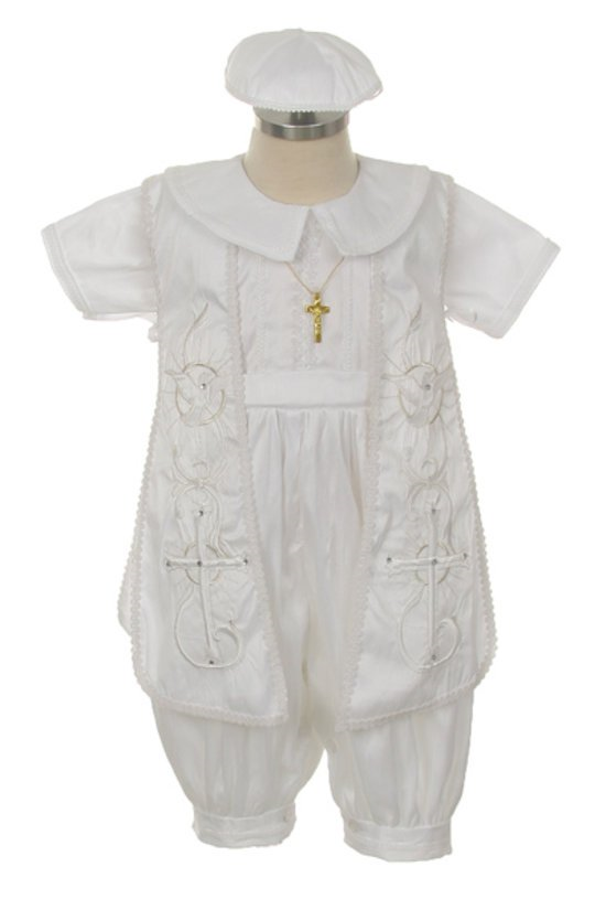 Boys baptism outfit includes romper, jacket and cap