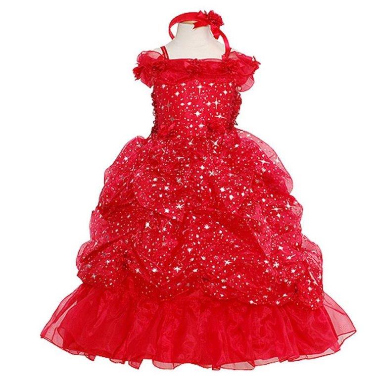 Off shoulder infant red pageant dress with star printed fabric.