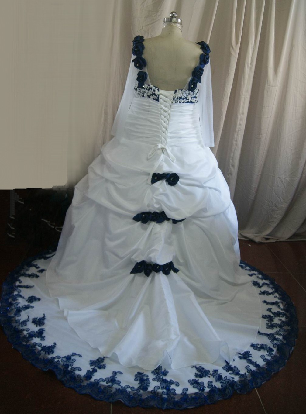 white and royal blue corset wedding gown