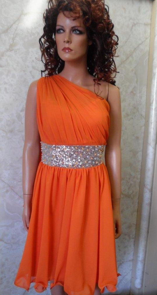 Chiffon flame orange one shoulder dress