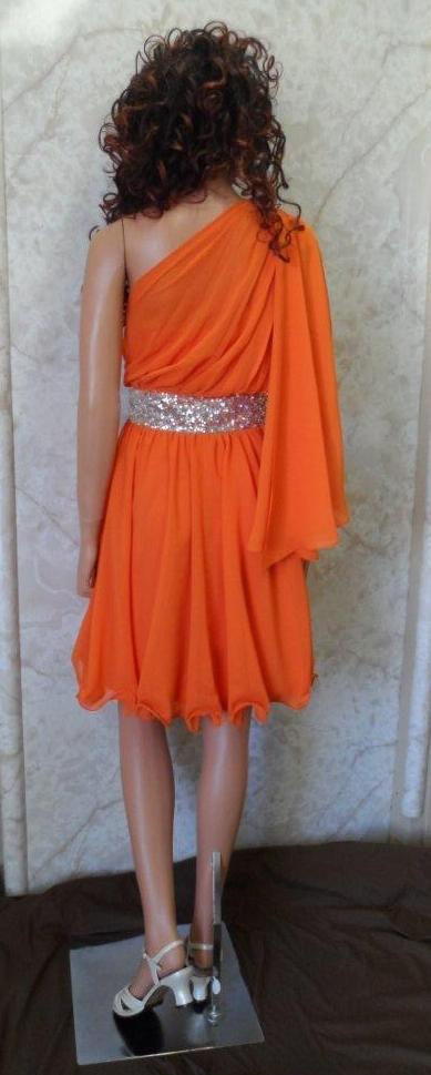 short one shoulder orange dress with silver beaded waist