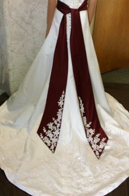 Ivory and wine wedding dress