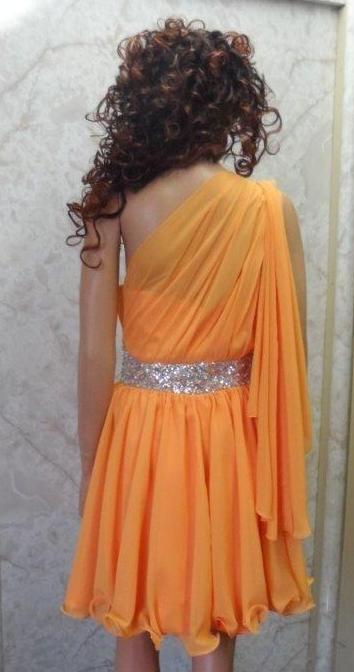 tangerine bridesmaid dress with silver beaded waist