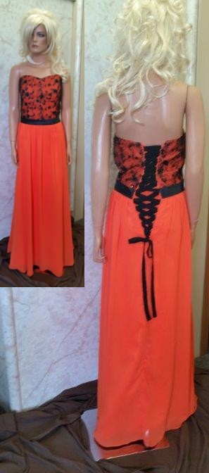 orange bridesmaid dress with black lace bodice