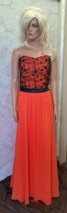 orange bridesmaid dress with black lace bodice