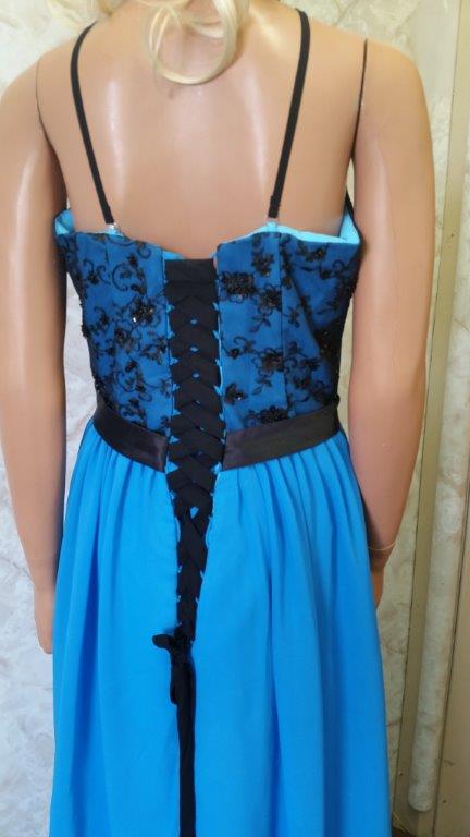 blue bridesmaid dress with black lace bodice