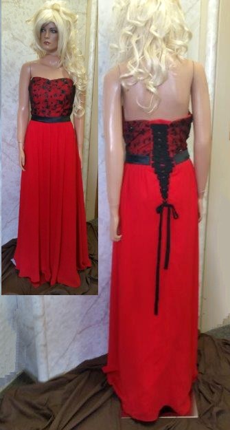 red bridesmaid dress with black lace bodice