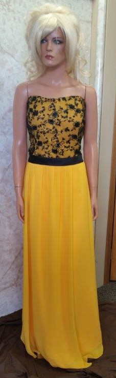 yellow bridesmaid dress with black lace bodice