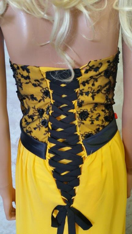 yellow bridesmaid dress with black lace bodice