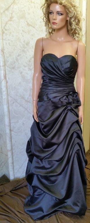 Long black satin bridesmaid dress with pick up skirt