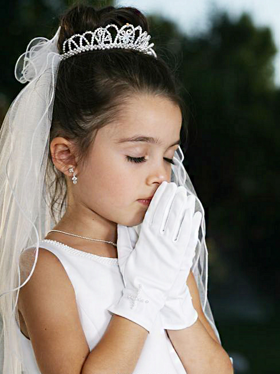 girls white gloves with pearl cross
