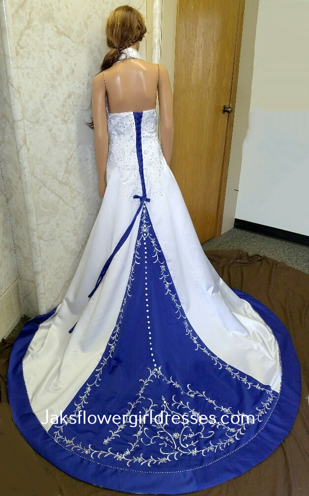 white and bright blue wedding dress