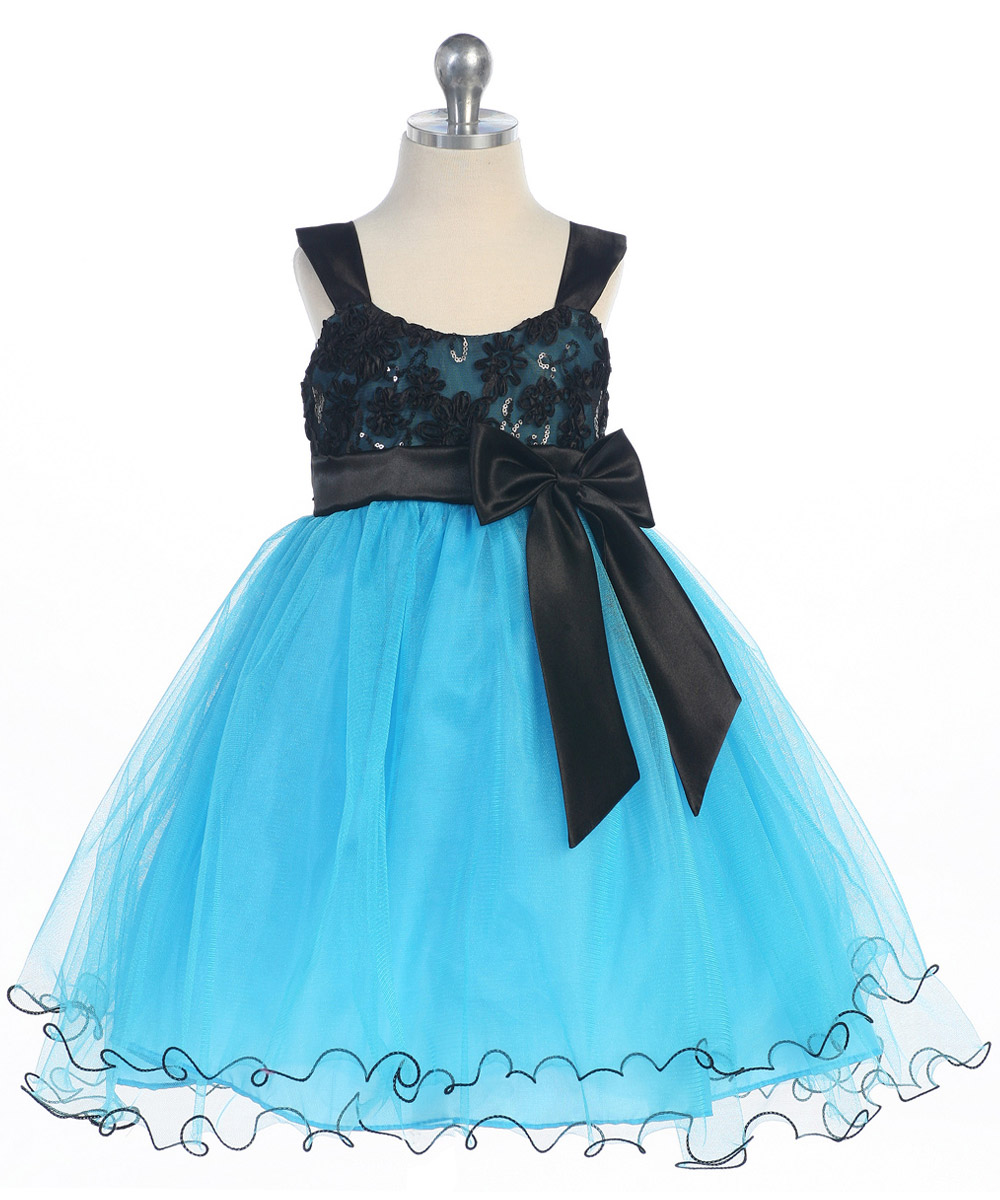 Girls Black sequin bodice with turquoise ruffle skirt