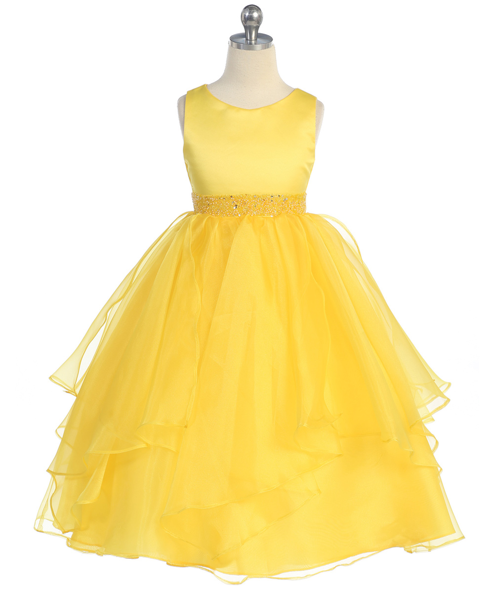 Sleeveless yellow, size 6, satin and organza layered dress with bead Waistline.  