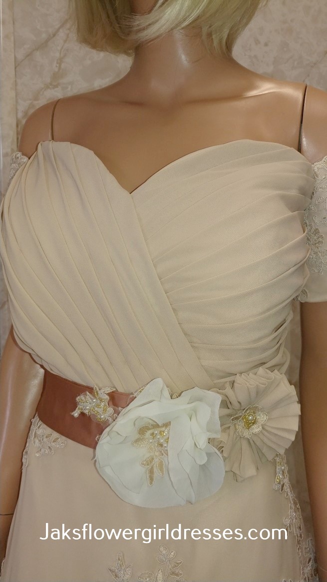 pleated bodice with flower sash