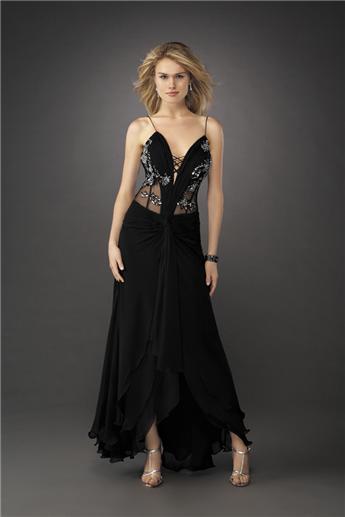 black evening gown with see through sides and back