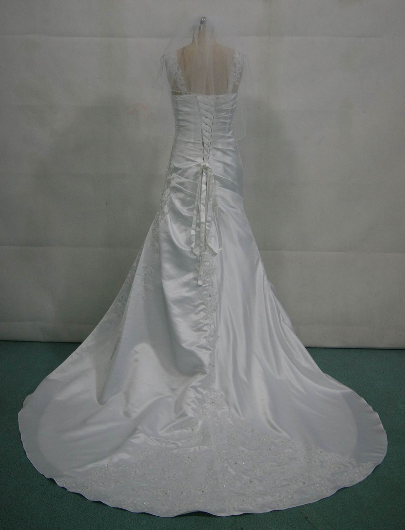 Wedding Gown with cap sleeve and crisscross bodice.