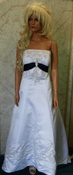 White wedding gown with Navy waistline and train