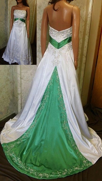 white and green silk wedding dress