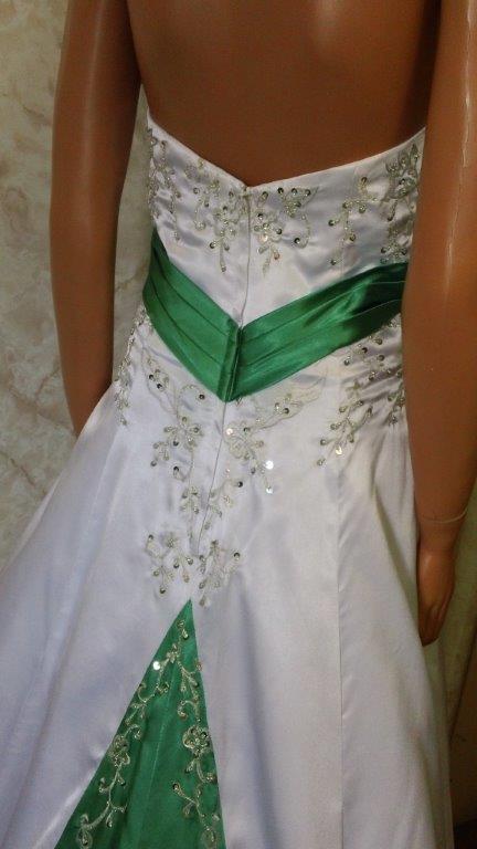 Green and white silk wedding gown