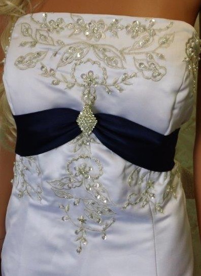 White wedding gown with Navy waistline and train