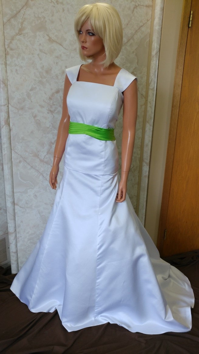 white wedding dress with lime green accents