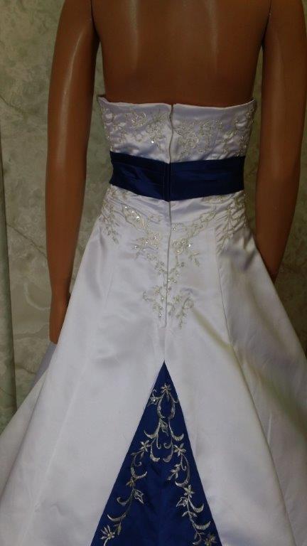 White wedding dress with bright blue train