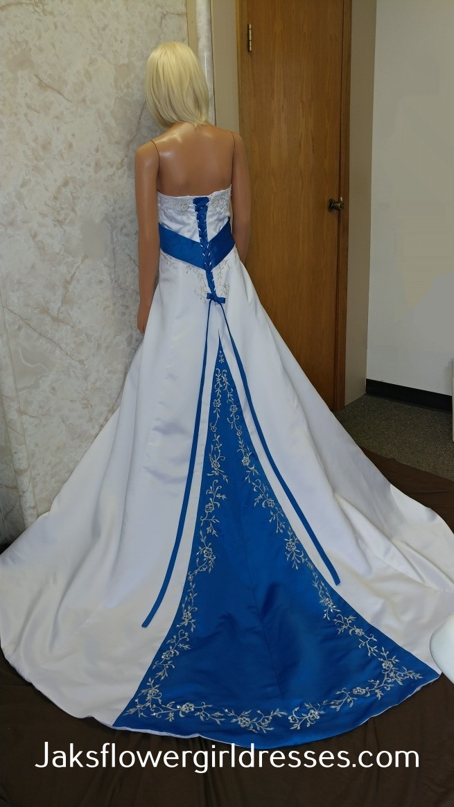 white wedding dress with bright blue