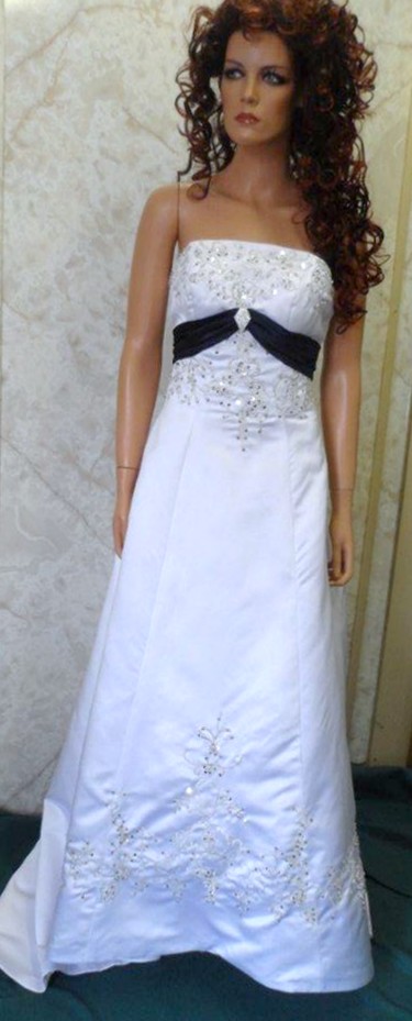 white and navy wedding dress