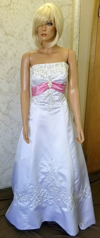 white and pink wedding dress
