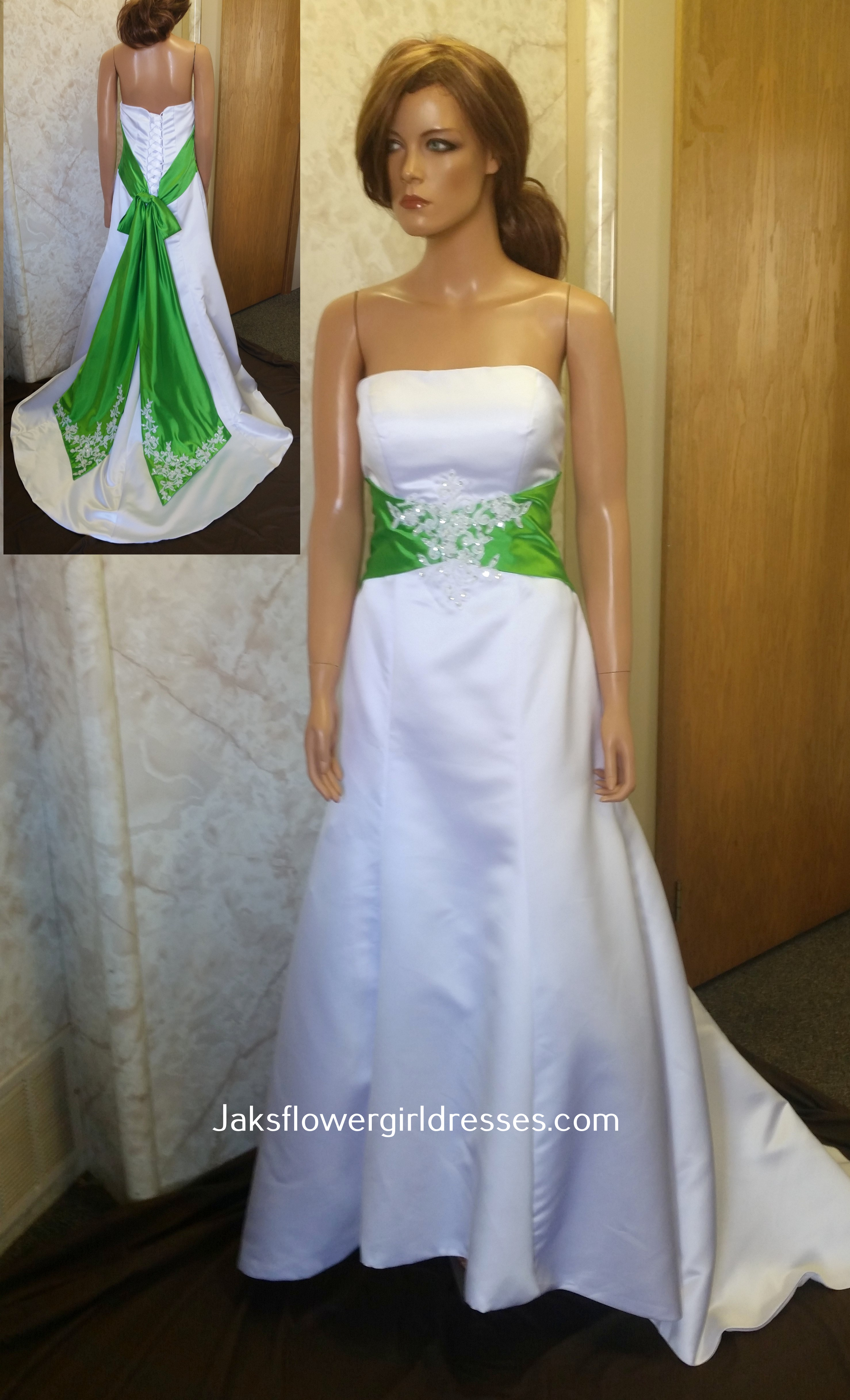 white and lime green wedding dress