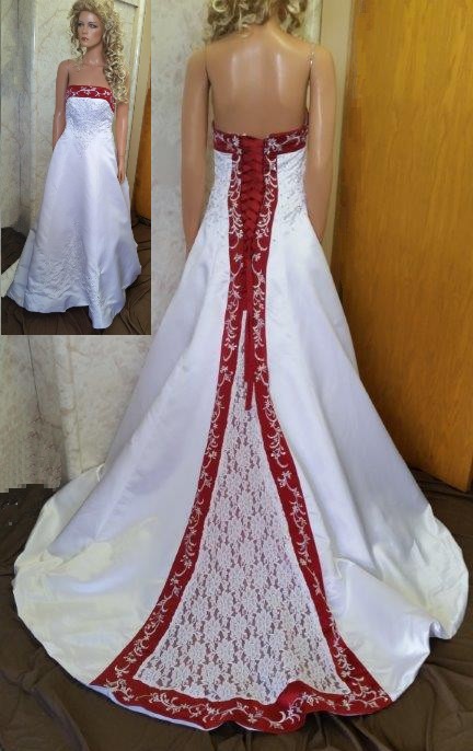 red white lace embroidered wedding dress