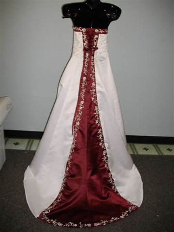 white and merlot wedding gown