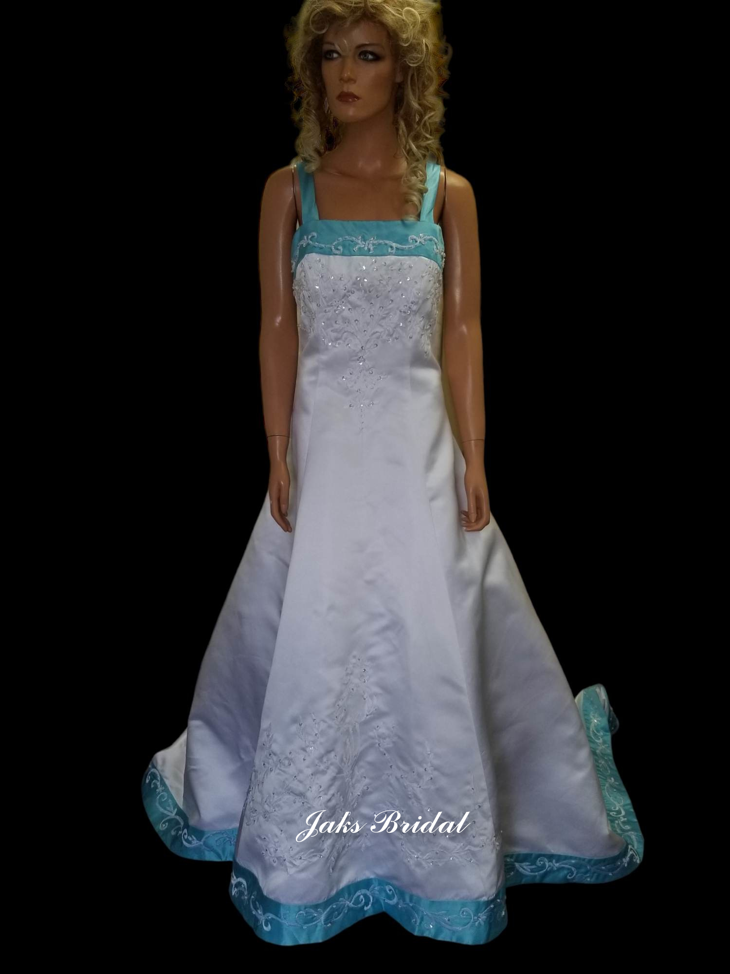 bride and flower girl dresses in blue and white 
