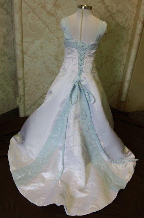 white and baby blue miniature bridal gowns with color